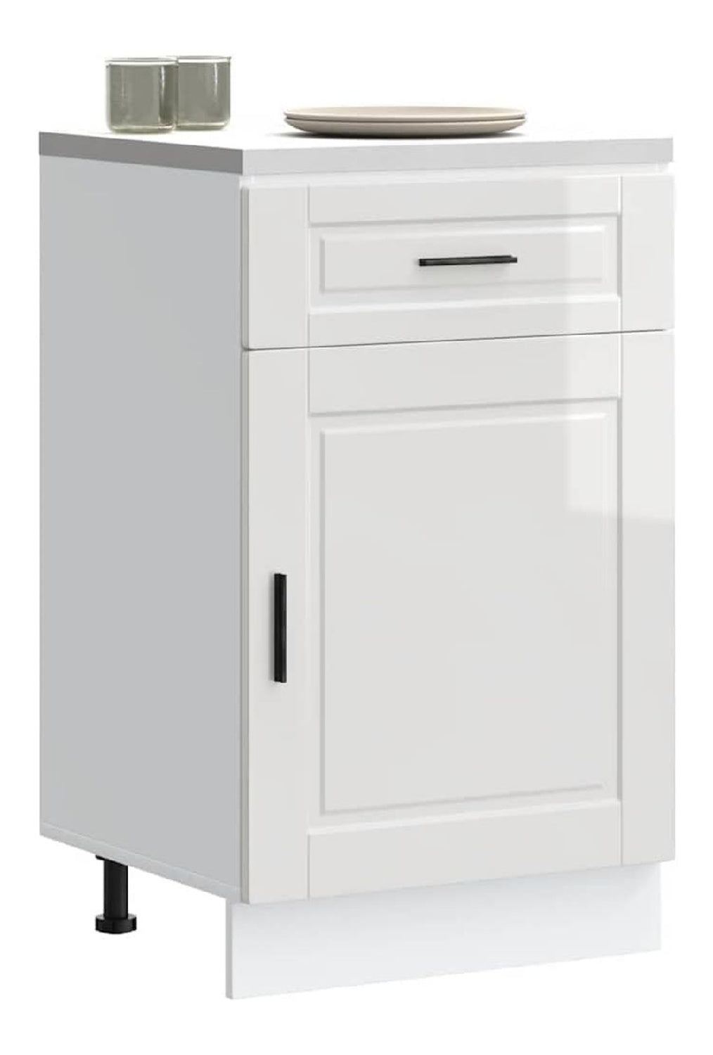 Schubladenschrank mit Tur Sideboard Kuche Organizer Geraumiger Kuchenschrank mit Viel Stauraum Kuchenmobel Aufbewahrungsschrank Hochglanz-Wei 50x46x81,5 cm Holzwerkstoff