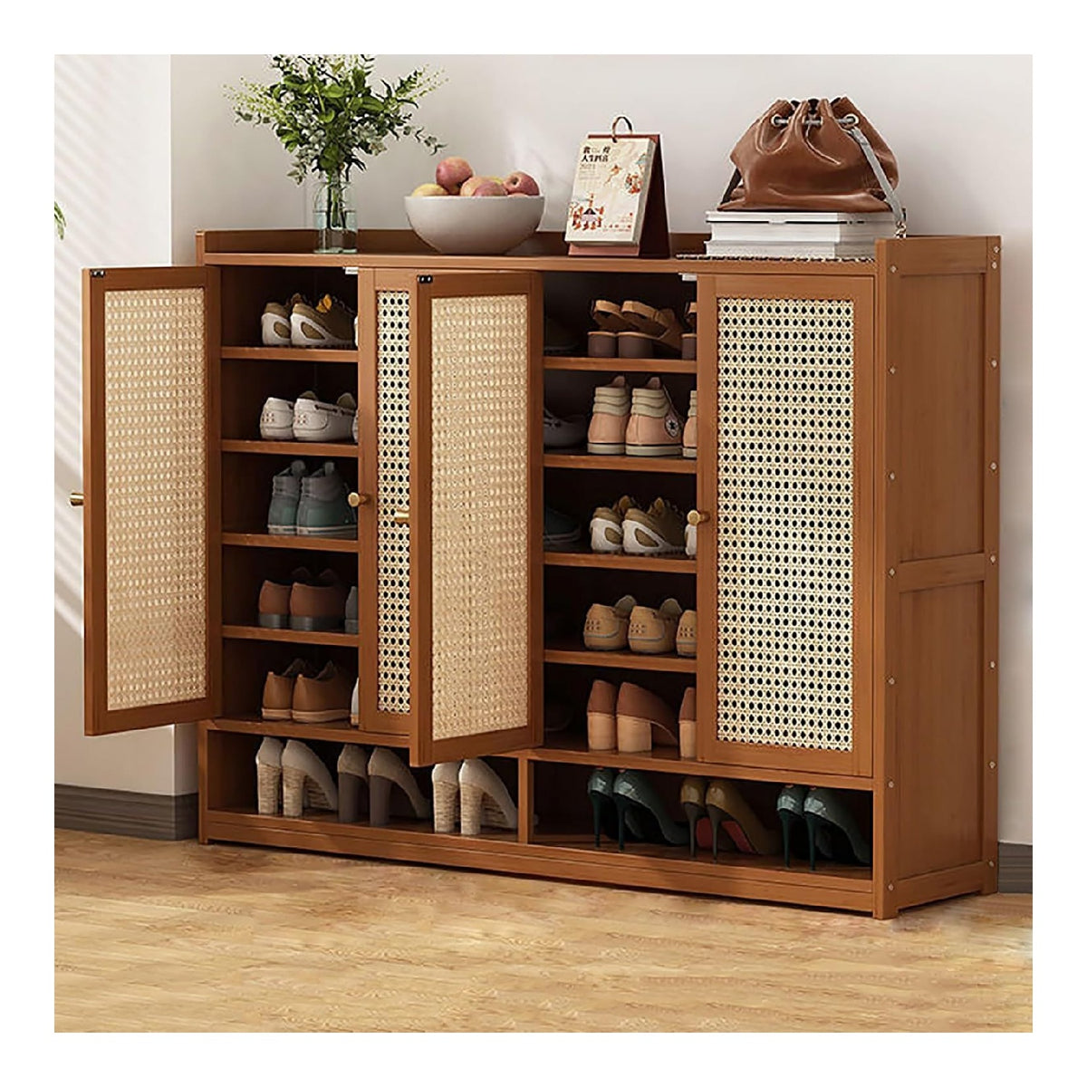 Rattan-Schrank mit Turen - rustikaler Eichen-Sideboard-Aufbewahrungsschrank mit verstellbaren Ablagen - versteckter Schuhschrank mit handgefertigter Rattan-Front