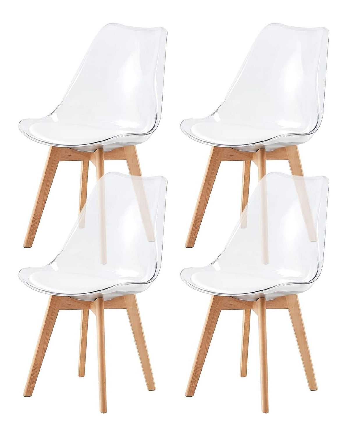 EGGREE 4er-Set Skandinavische SGS-geprufte Esszimmerstuhle, 4 transparente Kuchenstuhle mit massiven Buchenbeinen und wei em PU-Leder-Sitzkissen