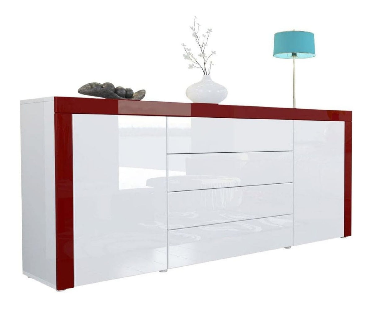 Sideboard Kommode La Paz, Made in Germany, Korpus in Wei Hochglanz/Front in Wei Hochglanz mit Rahmen in Bordeaux Hochglanz