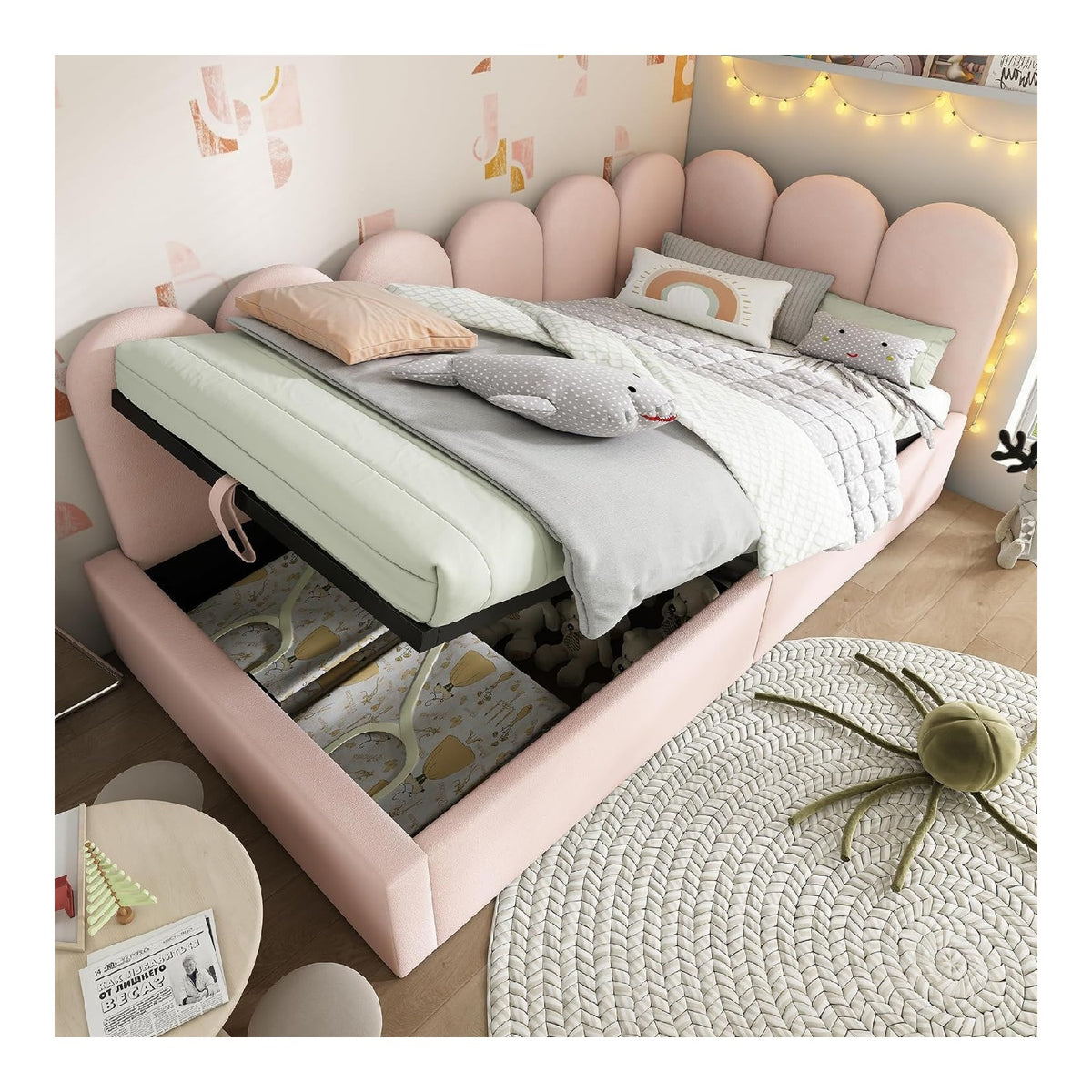 Polsterbett 90x190 cm Daybett mit Stauraum hydraulisch - Schlafsofa mit Metall-Lattenrost & Samtbezug - Kinderbett Tagesbett mit Bettkasten - Gastebett ohne Matratze Rosa
