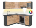 Eckkuche Rick, Goldkraft Eiche/Anthrazit, 187 x 60 cm, AP Schwarz Gemustert mit LED-Leisten