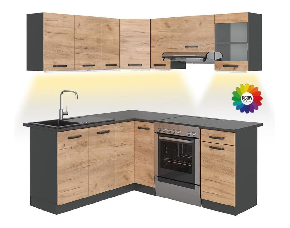 Eckkuche Rick, Goldkraft Eiche/Anthrazit, 187 x 60 cm, AP Schwarz Gemustert mit LED-Leisten