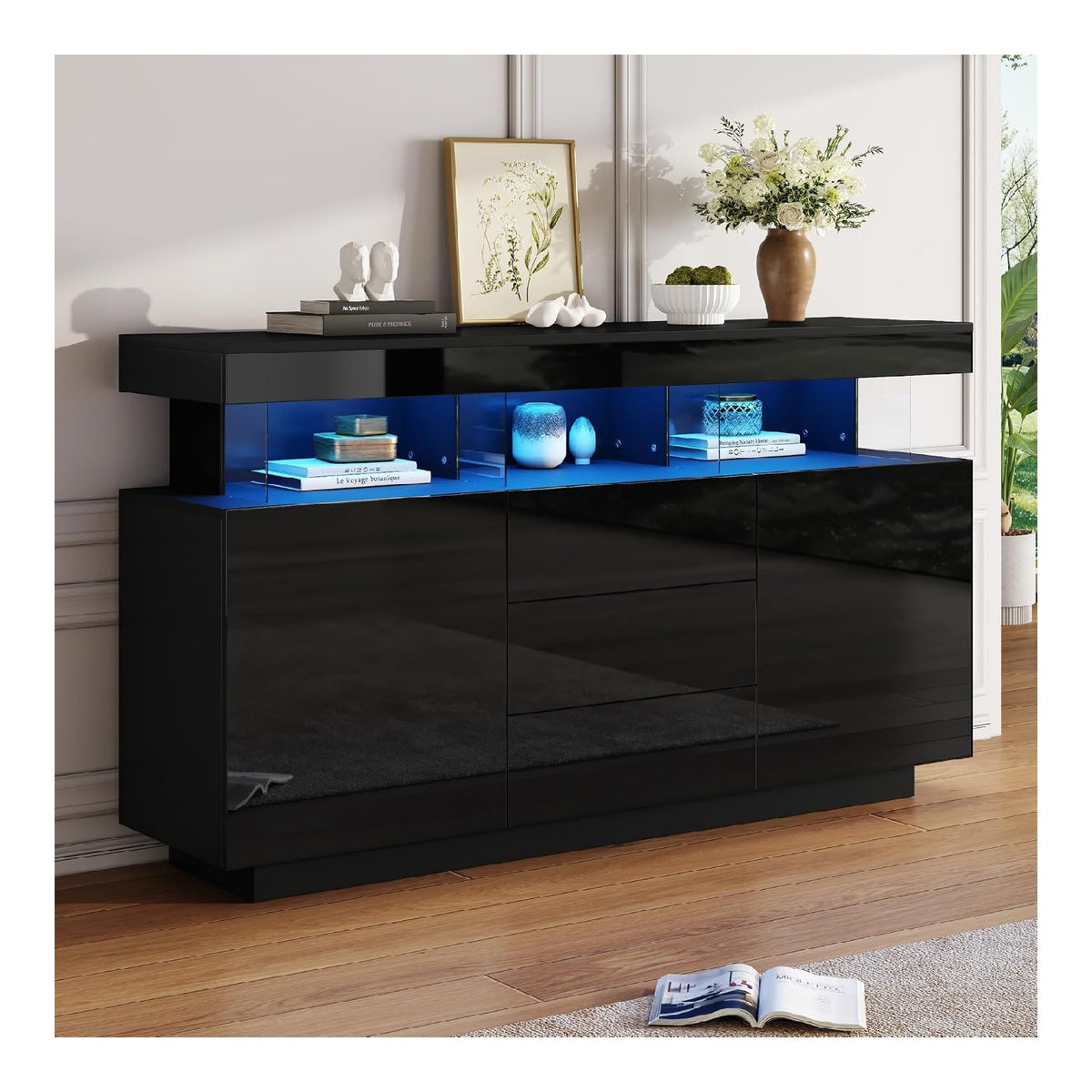 140 x 35 x 80 cm modernes, Hochglanz-Sideboard, Kaffeebar, Acryl-Sideboard mit LED-Lichtstreifen,geeignet fur Esszimmer, Kuche, Flur (Schwarz)
