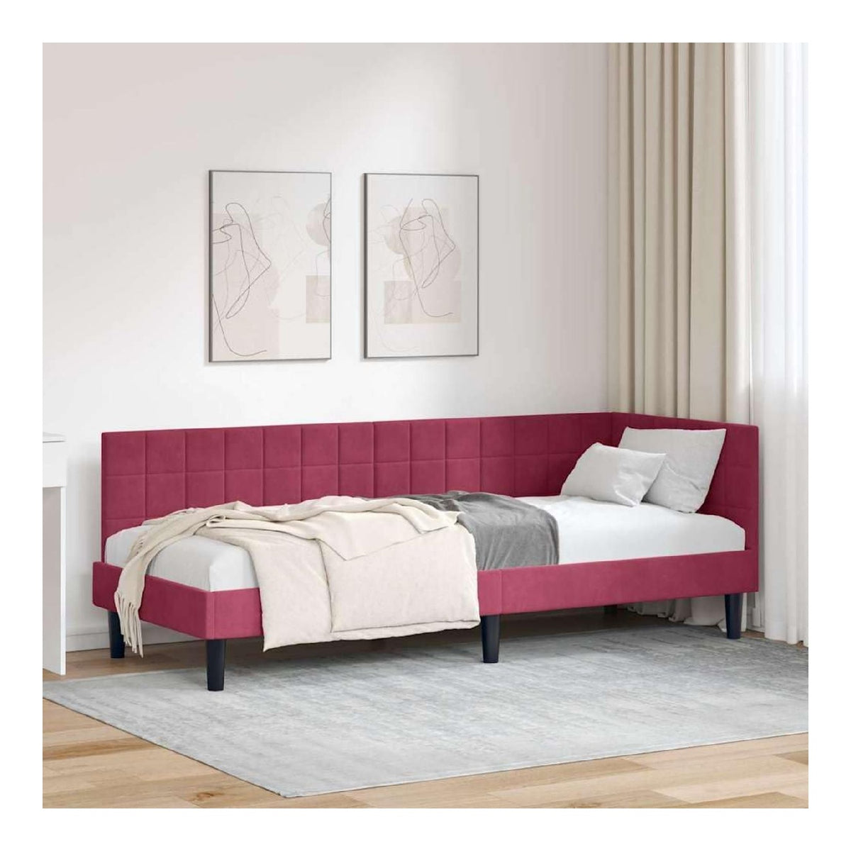 Eckbettgestell Weinrot 80x200 cm Samtstoff, L-formig mit Kopfteil, Robustes Plattformbett, platzsparendes Schlafzimmermobel fur Gastezimmer, modernes Design