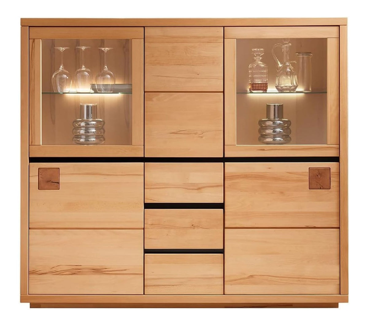 Hochkommode 166 cm breit Highboard Kommode Vitrinenschrank Wohnwimmerschrank Schrank Wohnzimmermobel Buche massiv geolt