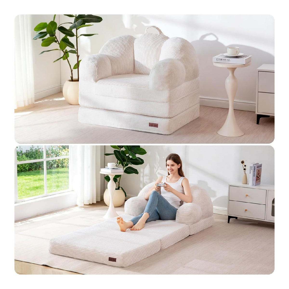 Klappsofa, Blutenform Umwandelbares Bodensofa mit Griff, 2-in-1-Verwandlungs-Sitzsack fur Erwachsene, Schlafsessel mit Schlaffunktion fur Wohnzimmer und Schlafzimmer