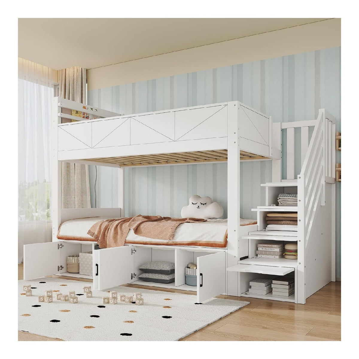 Etagenbett 90x200 cm, Wei , mit Stauraumtreppe, Schrankfachern unter dem unteren Bett, erhohter Absturzsicherung, ohne Matratze