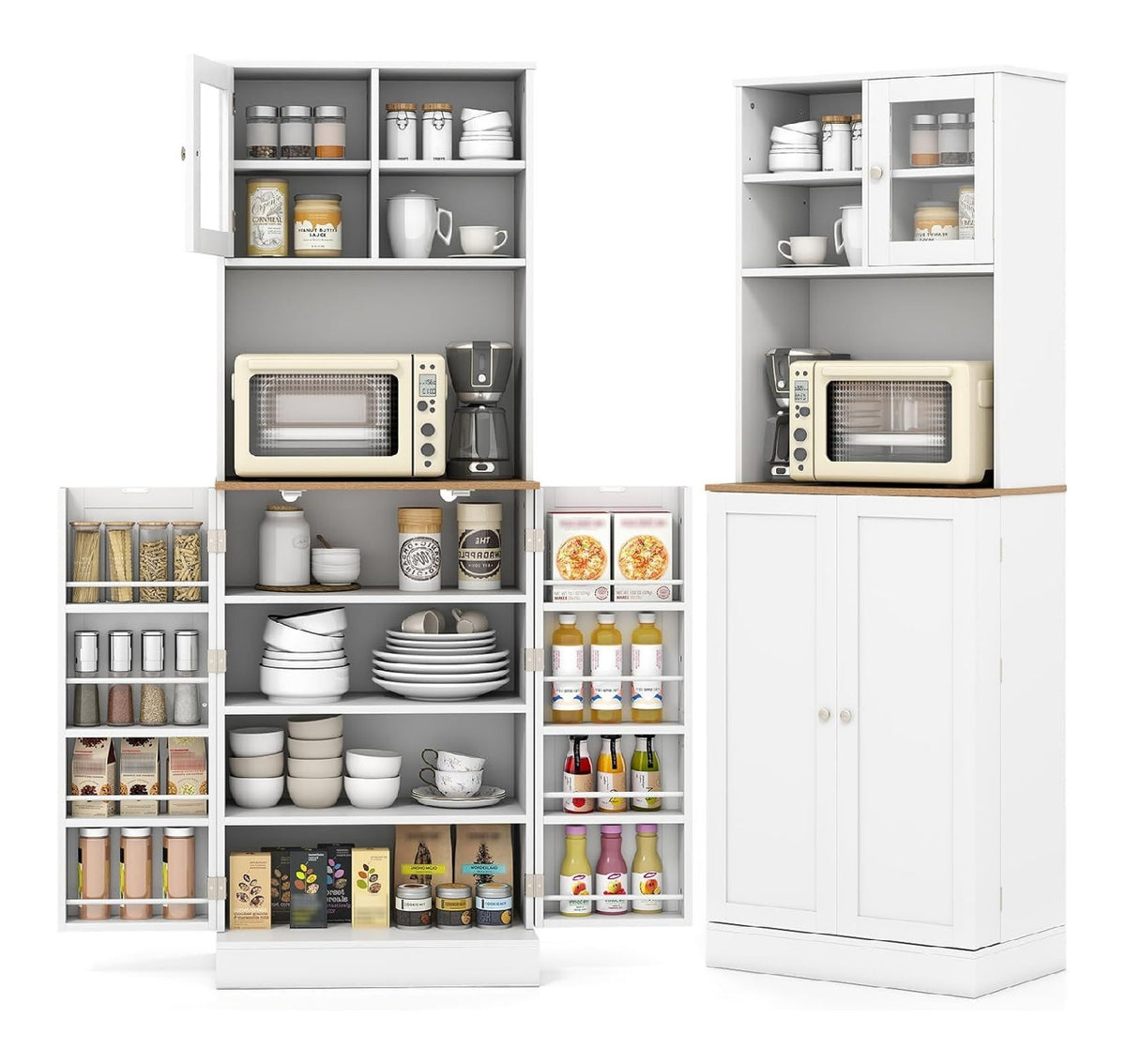 Hohe Kuchenschrank 170 cm mit verstellbaren Regalen, Buffetschrank mit Kabellochern, Tur aus gehartetem Glas, Buffet fur Wohnzimmer, Esszimmer, Mehrzweckschrank 60 x 35 x 170 cm, Wei