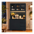 Kuchenschrank mit LED & Steckdosenleiste, hoher Buffetschrank, Sideboard fur Kuche, verstellbaren Einlegeboden, 3 Schubladen, 5 Turen, gro er Arbeitsplatte 100 x 38,5 x 180 cm, Schwarz