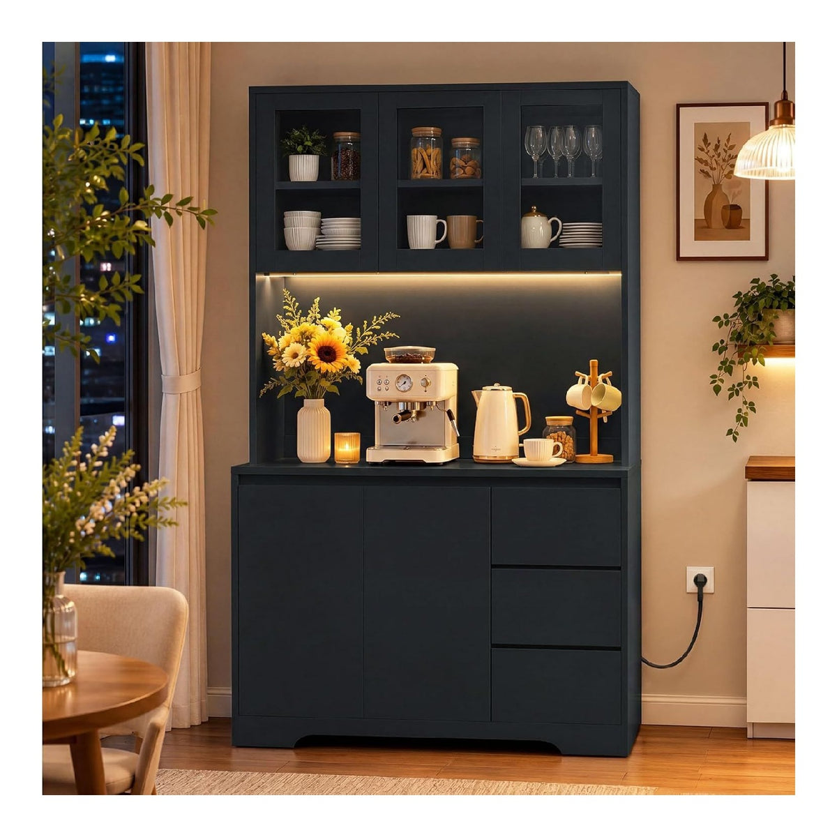 Kuchenschrank mit LED & Steckdosenleiste, hoher Buffetschrank, Sideboard fur Kuche, verstellbaren Einlegeboden, 3 Schubladen, 5 Turen, gro er Arbeitsplatte 100 x 38,5 x 180 cm, Schwarz