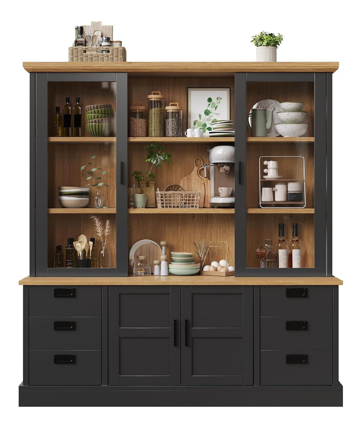 Kuchenschrank Hochschrank mit Ablagefach offnen und 6 Schubladen, Aufbewahrungsschrank Kuchenbuffet Mit 2 Glasturen und 2 Holzturen fur Kuchen, 140 x 40 x 185cm, HD26041412 (Schwarz)