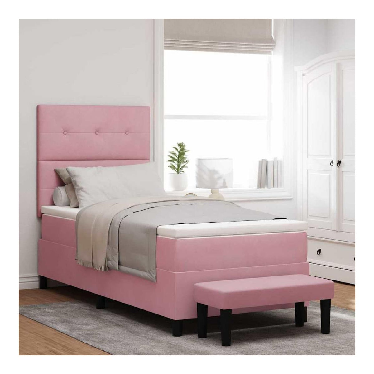 Boxspringbett mit Matratze, Kopfteil Rosa 90 x 190 cm Samt, Einzelbett Modern, Polsterbett mit Schaumstoffmatratze, Langlebiger Holzwerkstoffrahmen, Stilvolles Schlafzimmermobel