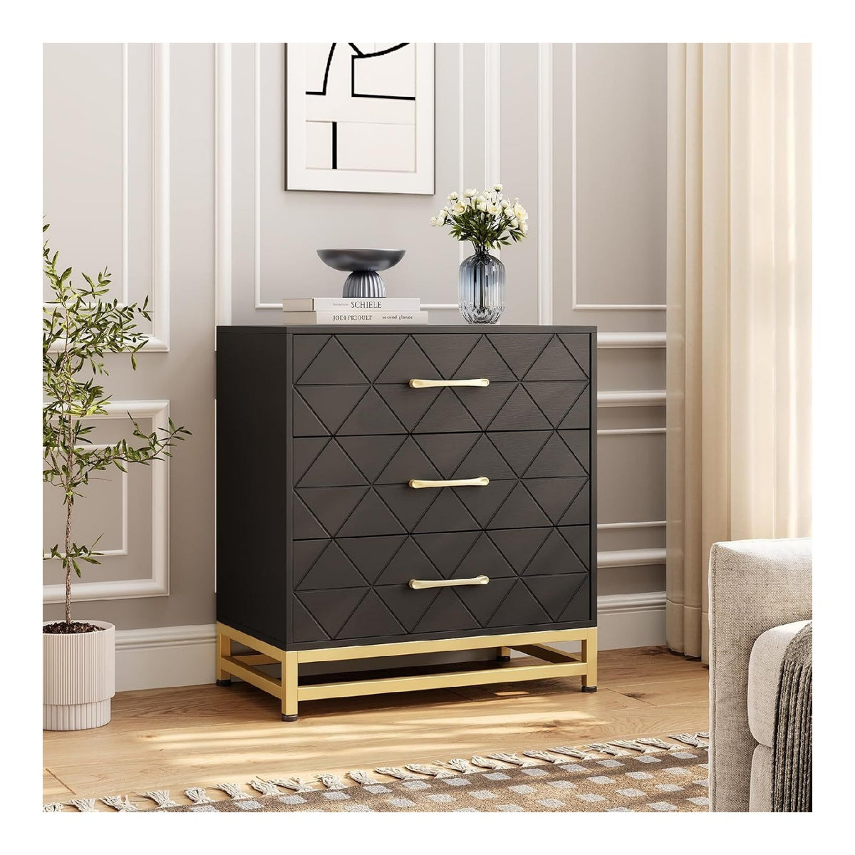 Moderner 3-Schubladen-Kommode aus MDF - Schwarze Holzkommode fur Schlafzimmer mit Metallgriffen, Ablageflache und Stauraum - Farbe: Black