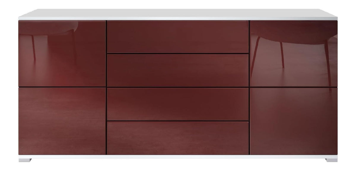 Sideboard Rova V2, Kommode mit 4 Turen und 4 Schubladen, Wei matt/Bordeaux Hochglanz (166,5 x 75,5 x 35)