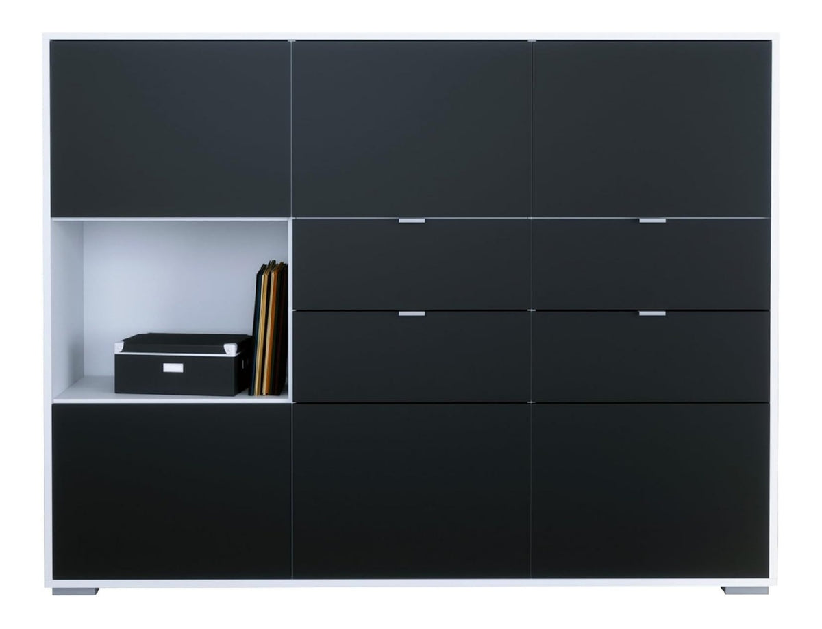 Highboard Milano V2, Sideboard mit 6 Turen und 4 Schubladen Schwarz matt, Made in Germany, Korpus Wei matt (152,5 x 118x 37 cm)