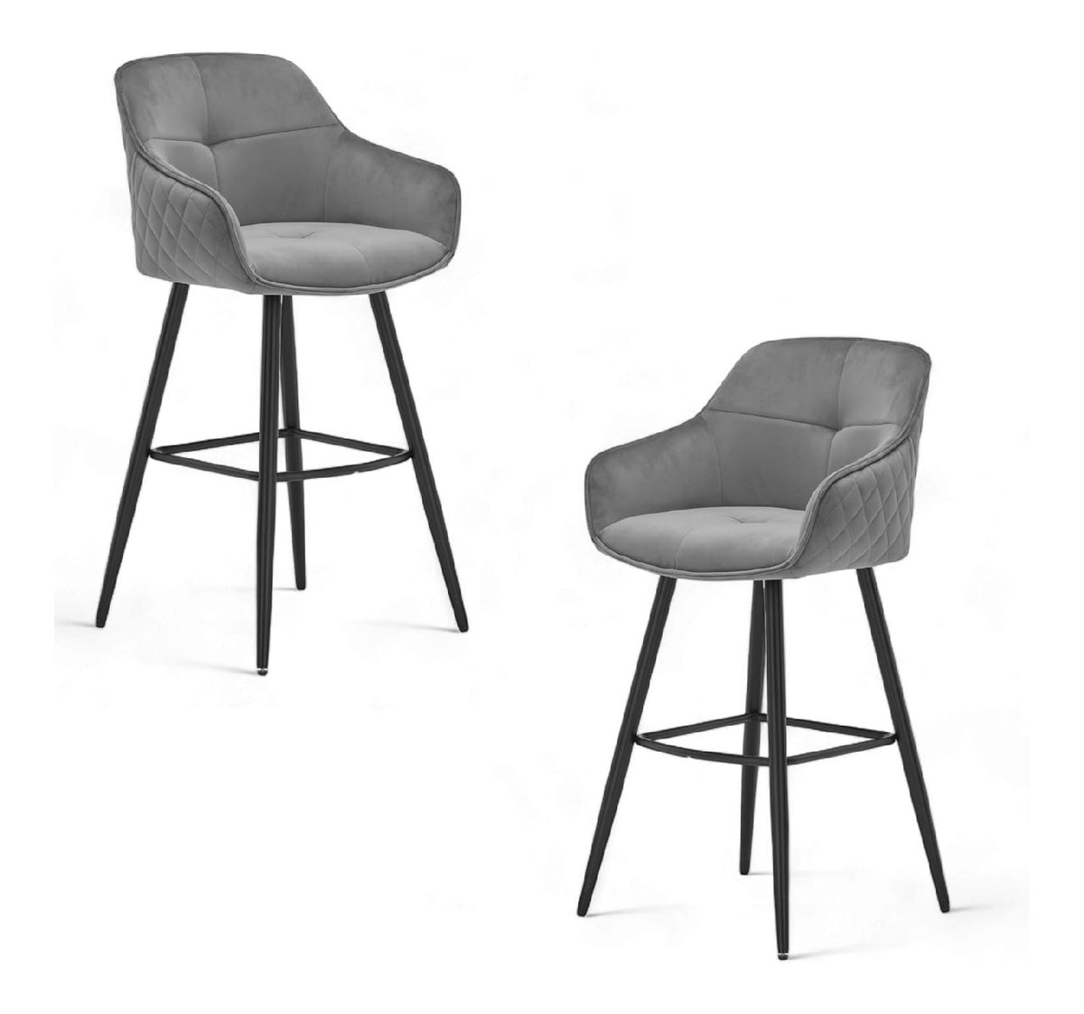 Emma Barhocker 2er Set, Samt Grau schwarzes Metallgestell 57 x 105 x 53 cm