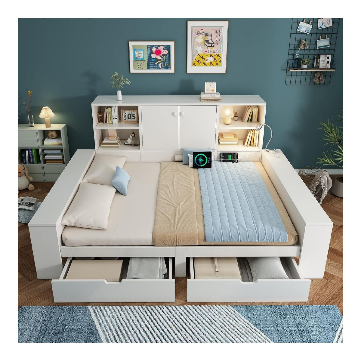Schlafsofa 140x200cm, Tagesbett mit LED und Ladestation, Holzbett mit Stauraumbett-Doppelturen und 2 Schubladen, Funktionsbett mit Lattenrosten, Jugendbett, Gastebett, Ohne Matratze, Wei
