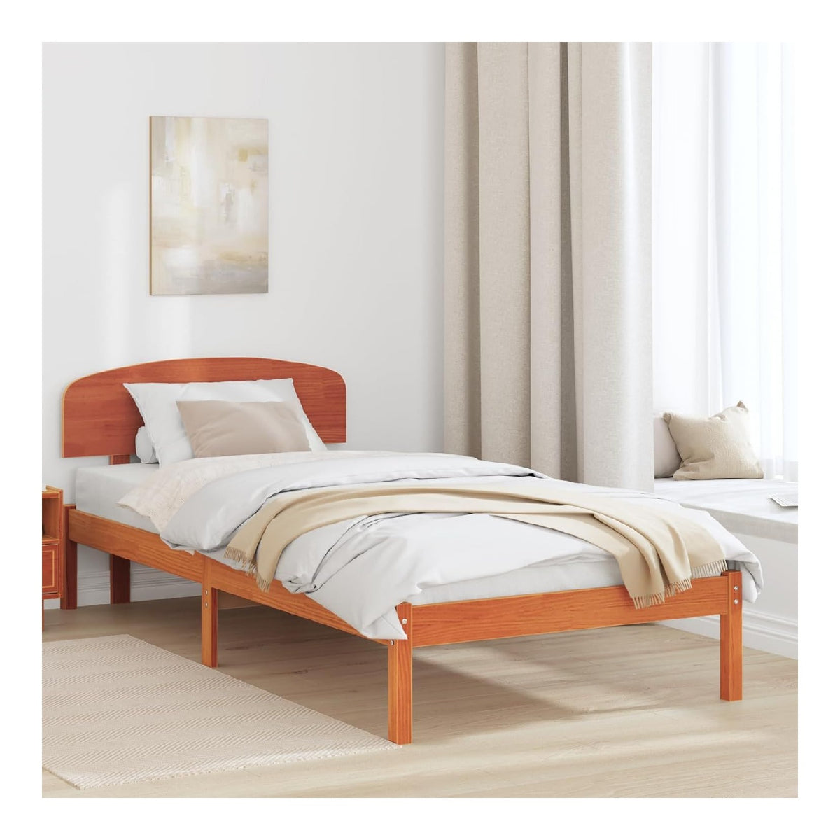 Bettgestell aus Massivholz Kiefer, gewachst, Braun, 75x190 cm, mit Kopfteil, robuste Plattform fur Matratze, fur Schlafzimmer-Mobel