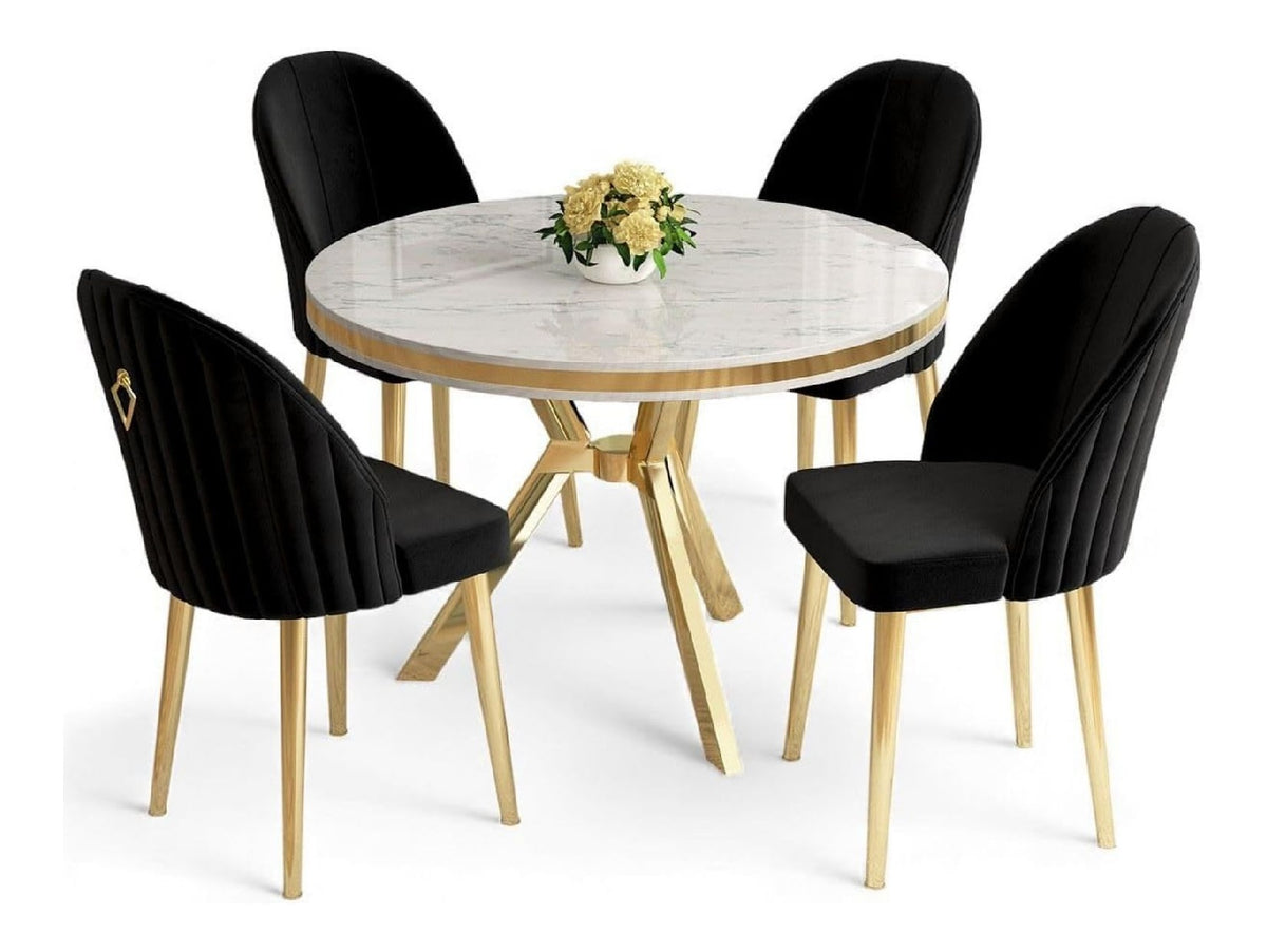 Hanah Home Elegant 5-Piece Dining Table & Chairs Set, White Marble with Gold & Black 100% Lacquer Panel, Metal Legs, Modern Design Perfect for Dining Rooms