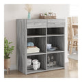 Vitrine mit Schubladen, 80 x 42,5 x 93 cm, Aufbewahrungsschrank fur Wohnzimmer, Hochschrank, Mehrzweckschrank, Esstisch, Vitrine, Holz, mehrschichtig, Sonoma-Grau