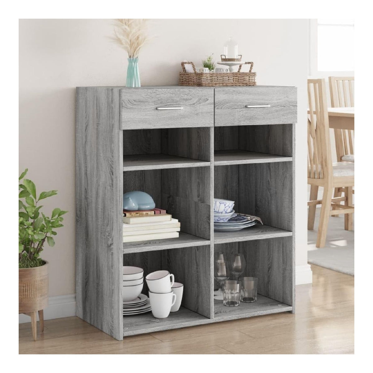 Vitrine mit Schubladen, 80 x 42,5 x 93 cm, Aufbewahrungsschrank fur Wohnzimmer, Hochschrank, Mehrzweckschrank, Esstisch, Vitrine, Holz, mehrschichtig, Sonoma-Grau