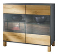 Kommode Bari V3 Holz Edition, Moderner Kuchenschrank mit 2 gro en Glasturen Anthrazit matt/Eiche Natur (92,5 x 84,5 x 35)