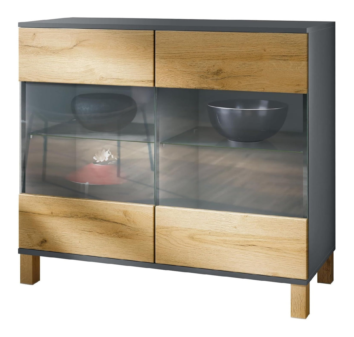 Kommode Bari V3 Holz Edition, Moderner Kuchenschrank mit 2 gro en Glasturen Anthrazit matt/Eiche Natur (92,5 x 84,5 x 35)