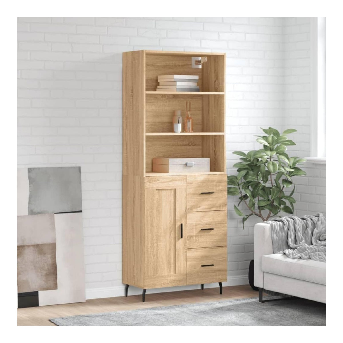 Highboard Sonoma-Eiche 69,5x34x180 cm Holzwerkstoff Standregal Schrank mit Metallfu en viel Stauraum Wohnzimmer Kuche Flur Buro langlebig stabil