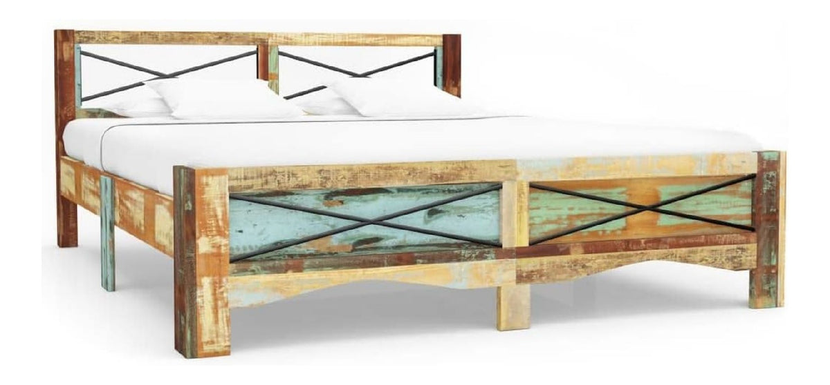 Massivholzbett 180x200 cm, Bettgestell aus recyceltem Altholz im Vintage-Stil, Stabiler Doppelbett Rahmen, rustikales Schlafzimmermobel fur Lattenrost, 186 x 212 x 74 cm