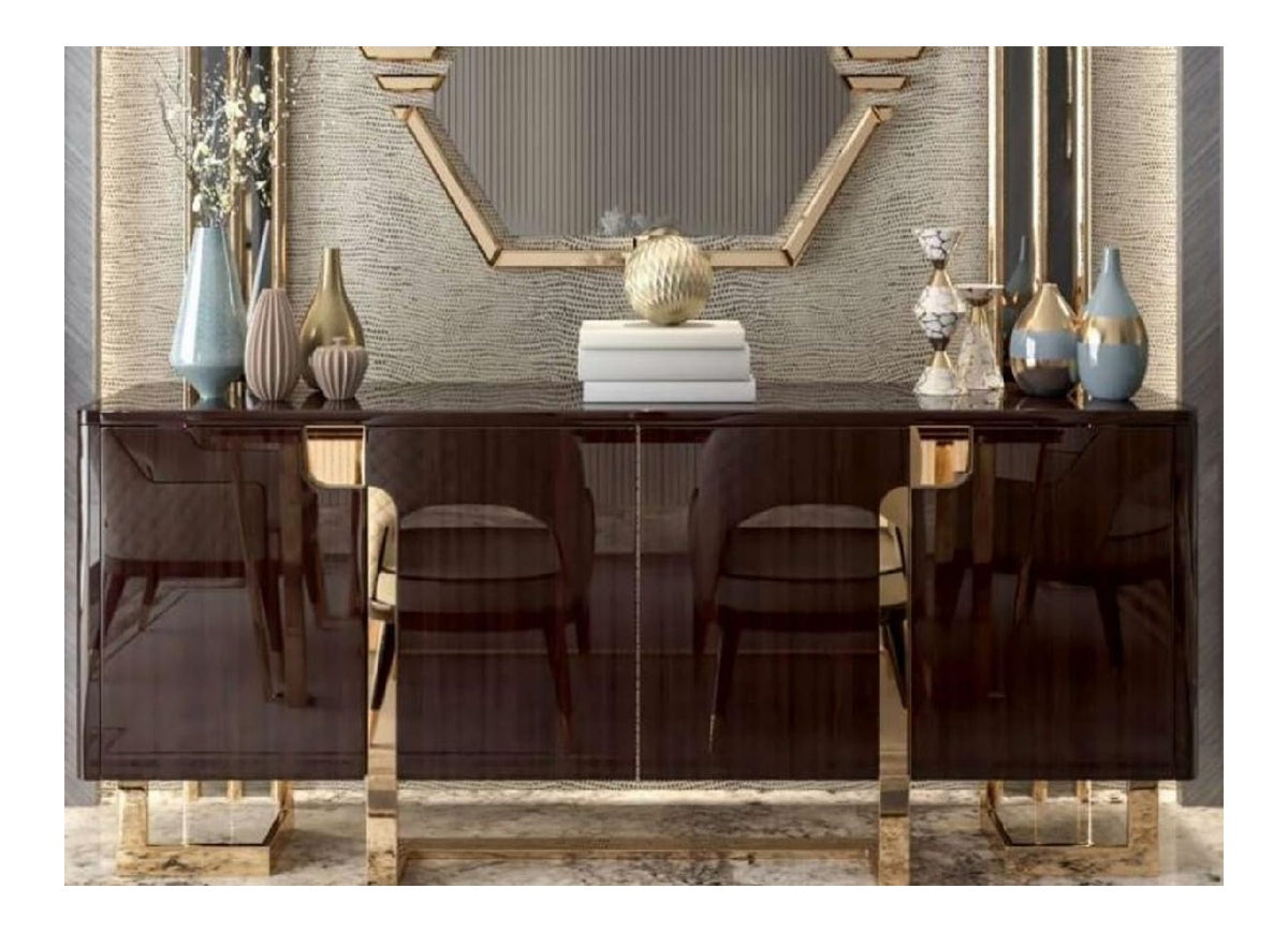 Luxus Art Deco Sideboard Dunkelbraun/Gold 220 x 55 x H. 90 cm - Edler Schrank mit 4 Turen - Art Deco Wohnzimmer Mobel