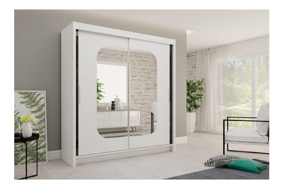 MRK Wei Schiebeturenschrank Kleiderschrank 150x216x62 cm mit Spiegel - Schlafzimmermobel, Aufbewahrung - Mehrzweckschrank mit 2 Kleiderstangen