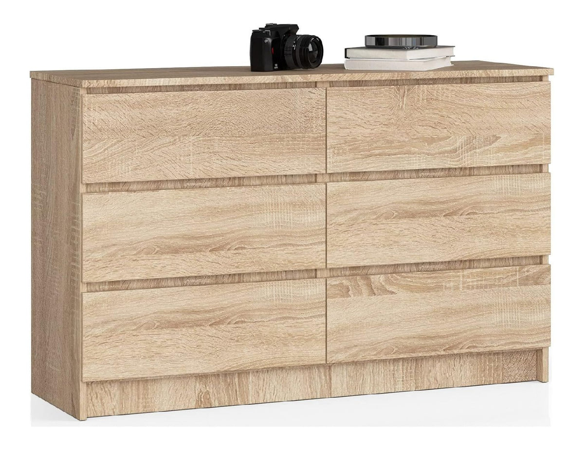 Kommode K-120 mit 6 (2 x 3) Schubladen fur das Wohnzimmer Schlafzimmer Schrank Buro Arbeitszimmer Modernes Funktionales Design B120 x H77 x T40 cm, Gewicht 43kg Sonoma Eiche
