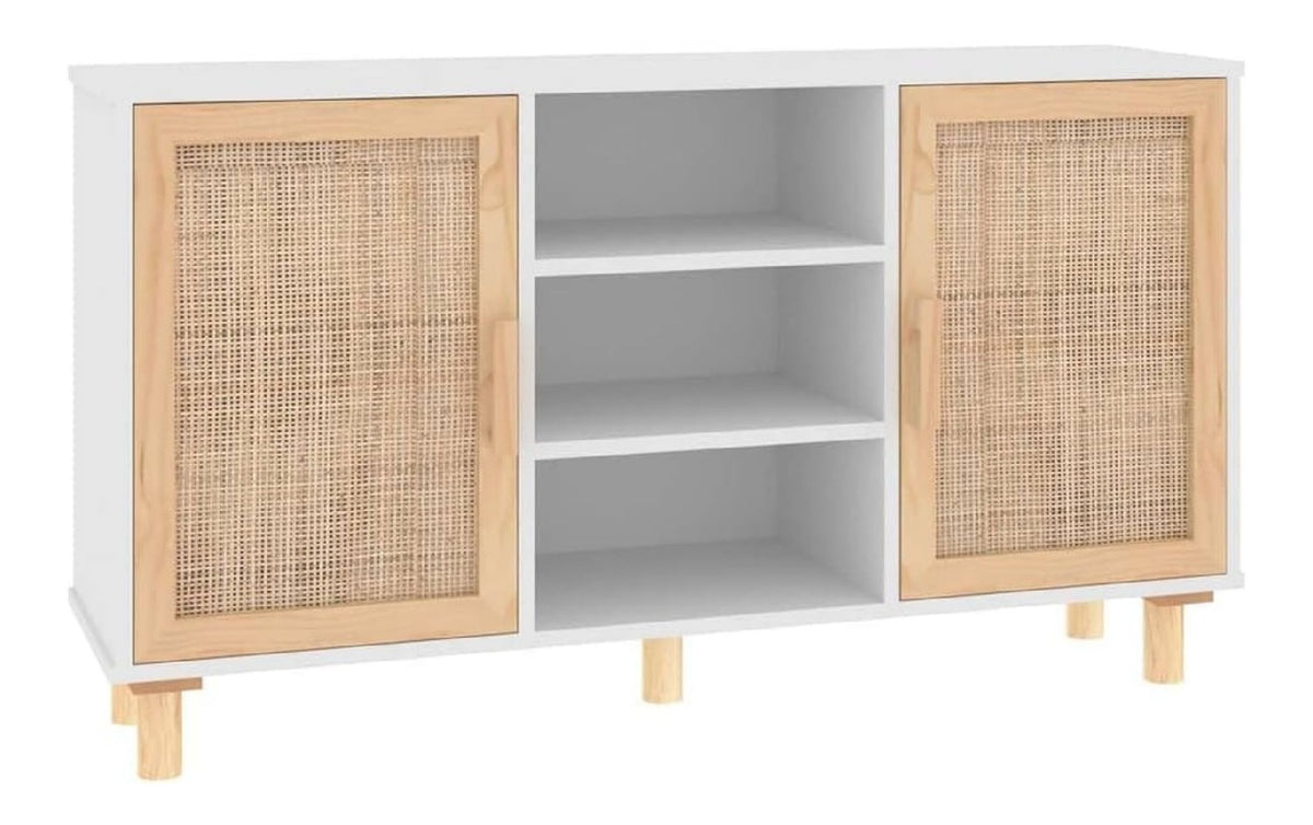 Sideboard Wei 105x30x60 cm Massivholz Kiefer und Natur-Rattan