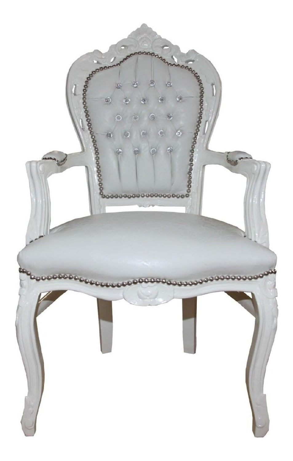 Barock Esszimmer Stuhl mit Armlehnen wei /wei Croco Lederoptik mit Bling Bling Glitzersteinen