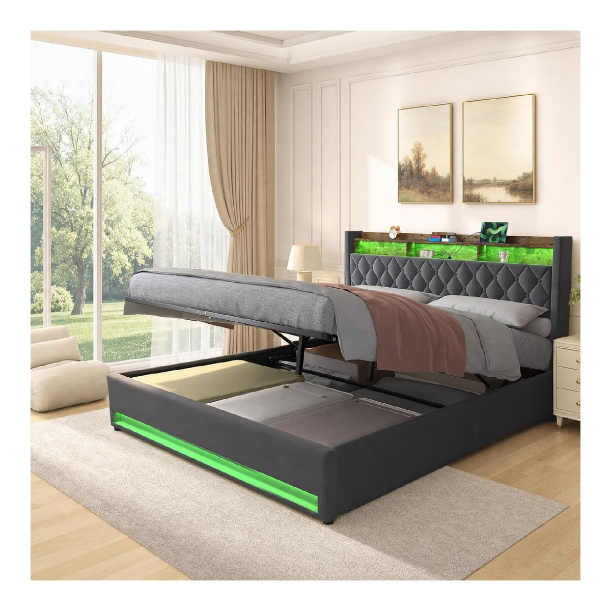 Polsterbett 180x200 mit LED & USB Ladestation, Modernes Samt Bett 180x200 cm fur Erwachsene & Paare, Hydraulisches Stauraumbett mit Lattenrost, Stabil, Grau