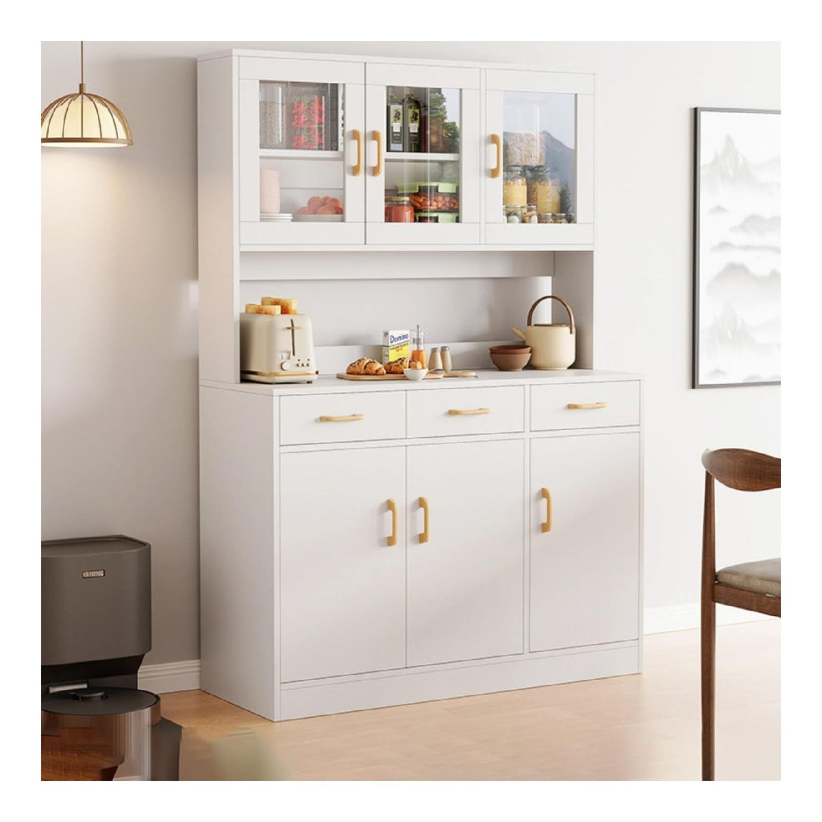 Kuchenschrank, 170cm Vorratsschrank Kuche, Buffetschrank mit Arbeitsplatte, Kitchen Cabinet aus Holz, Wei er Kuchen Schrank, Sideboard Kuche mit Schubladen und Glastur, Erhohter Standfu ,172 x 100 x 30 cm