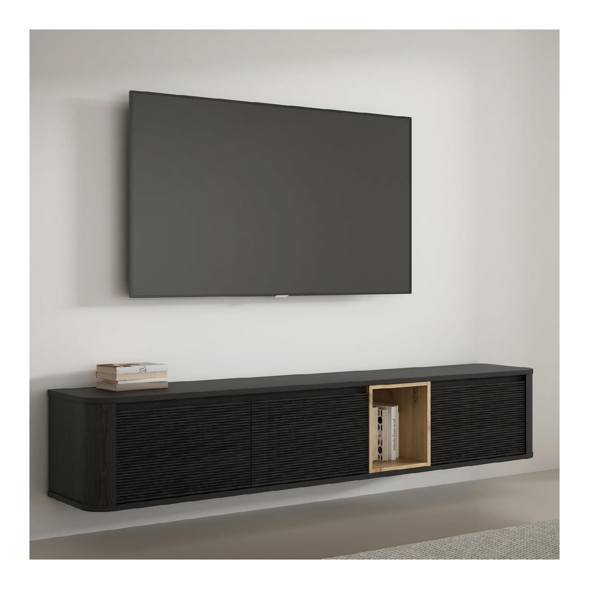 BREATHTAKER TV-Schrank 220, modern minimalistisch, 3-turig, beleuchtetes Fach, Reliefstruktur, Holzwerkstoff, Cabezone/Artisan Eiche Holzdekor, 215 cm breit x 41,5 cm hoch x 41,3 cm tief