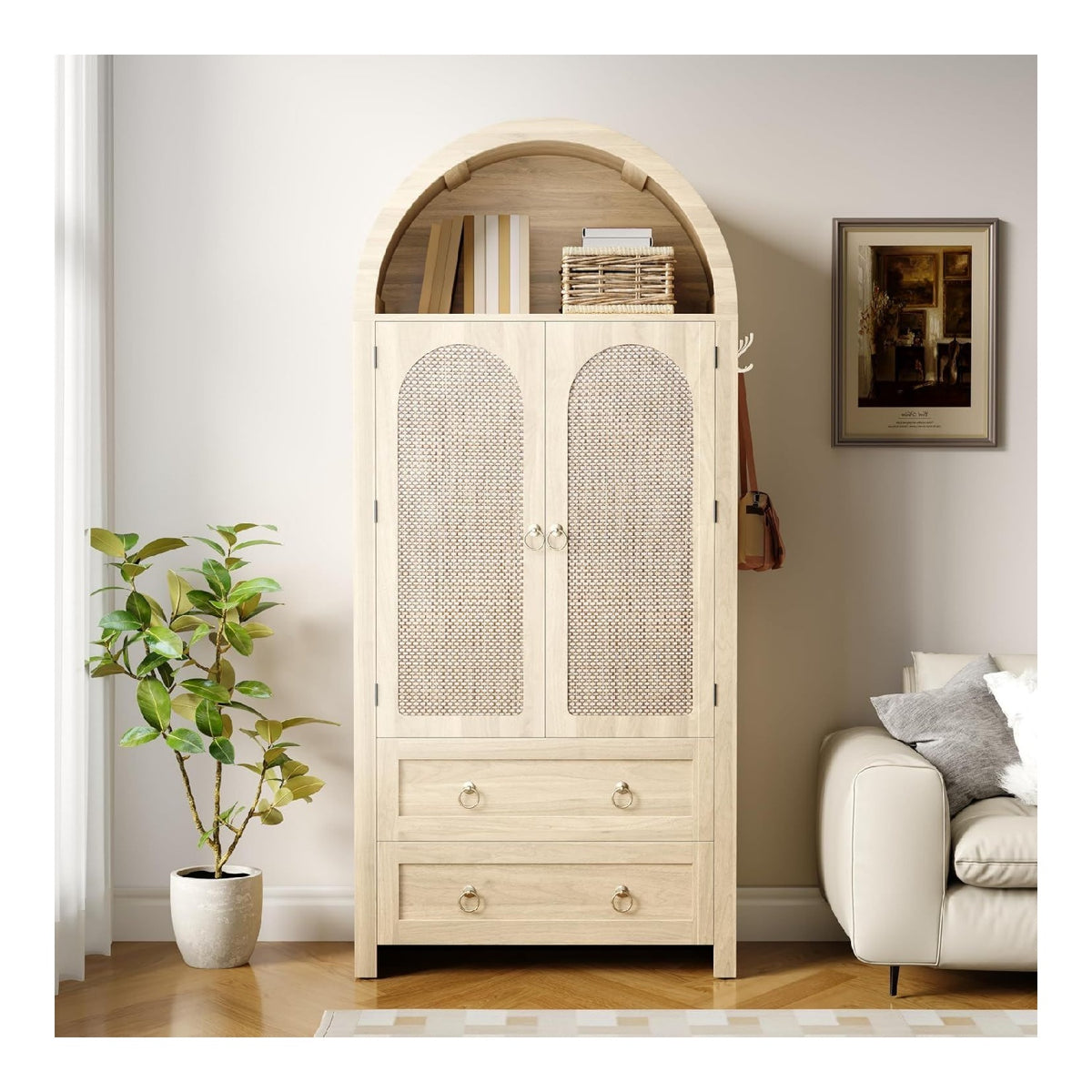 Sideboard 80x40x180 cm, Rattan-Bogenstil Wardrobe mit 2 schubladen, Korbgeflecht-Turen, vielseitiger Aufbewahrungsschrank fur Wohn- und Schlafzimmer, Holzfarbe