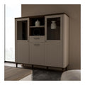LACETTI Highboardvitrine 150, Moderne Wohnzimmervitrine mit Skandi Lamellen Design, 3-turig, 1 Schublade, Kaschmir Beige Valencia Eiche Holzdekor, 144,8 cm breit x 142,9 cm hoch x 41,2 cm tief