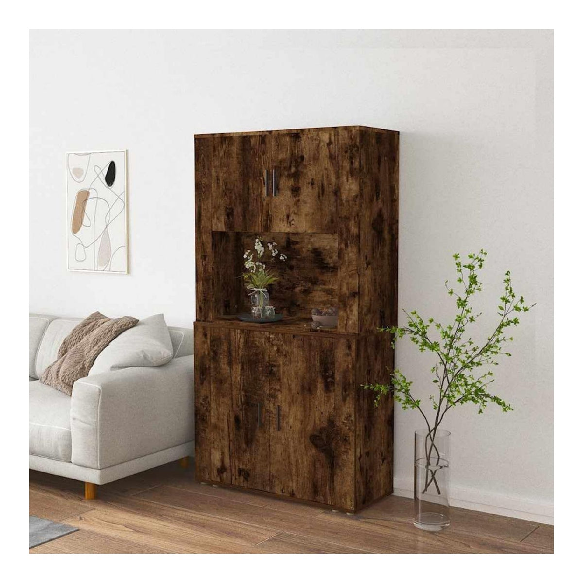 Highboard Rauchereiche Holzwerkstoff Sideboard mit viel Stauraum, Kuchenmobel und Wohnzimmerschrank, 80x33x150 cm, Kuchen- und Esszimmer Schrank, platzsparend und langlebig