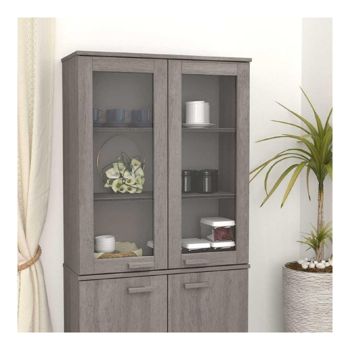 Hellgrau Highboard-Oberteil 85x35x100 cm Massivholz fur Sideboard Kommode mit Stauraum und Glasturen, geeignet fur Kuche, Wohnzimmer, Flur Mobel, Robustes Kiefernholz