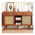 Kommode 120x40x78cm, Sideboard mit 3 Schubladen & 3 Schiebeturen, Rattan-Turpaneele, Massivholz-Beine, Goldfarbene Metallbugelgriffe, verstellbare Einlegeboden, Walnussfarbe