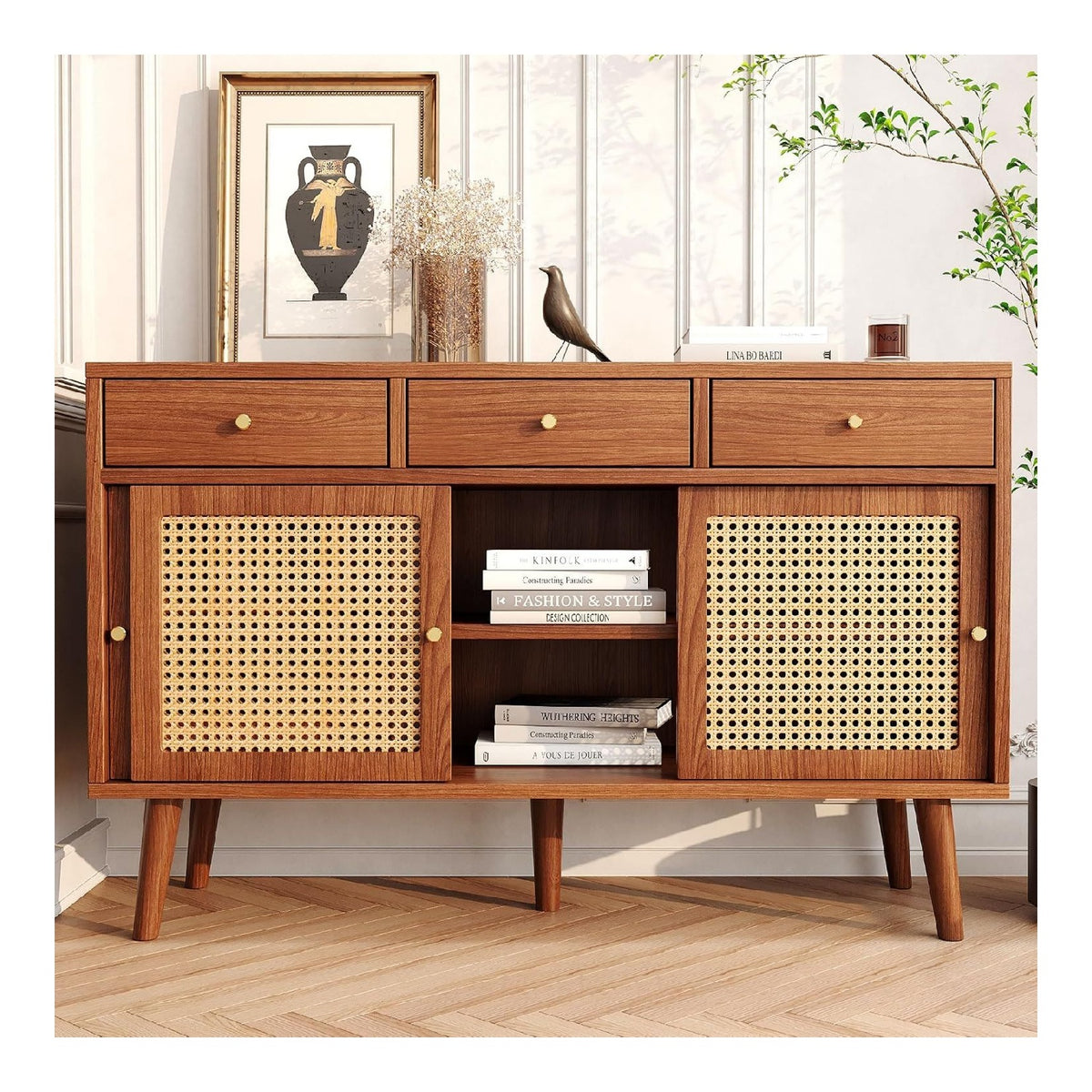 Kommode 120x40x78cm, Sideboard mit 3 Schubladen & 3 Schiebeturen, Rattan-Turpaneele, Massivholz-Beine, Goldfarbene Metallbugelgriffe, verstellbare Einlegeboden, Walnussfarbe