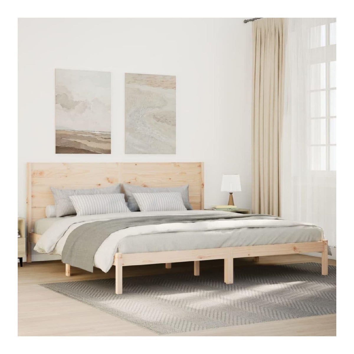 Massivholzbett Extra Lang aus unbehandeltem Kiefernholz 200x220 cm, Robustes Bettgestell fur erholsamen Schlaf, Kopfteil, Stauraum, Schlafzimmermobel ohne Matratze.