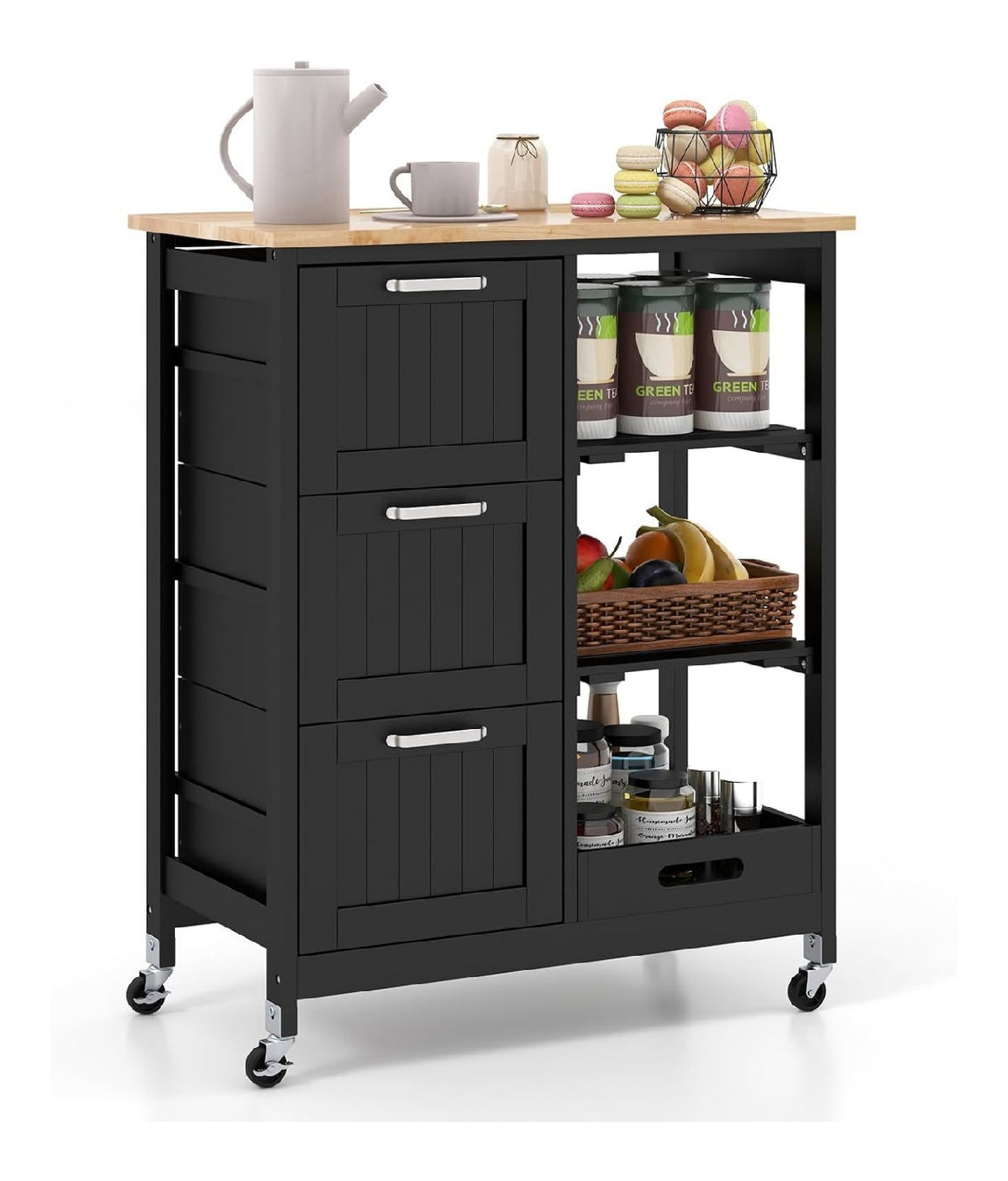 Kuchenwagen mit Tablett, Regalen und 3 gro en Schubladen, Kuchenschrank rollbar, Kucheninsel aus Kautschukholz, Servierwagen 67 x 37 x 83,5 cm (Schwarz)