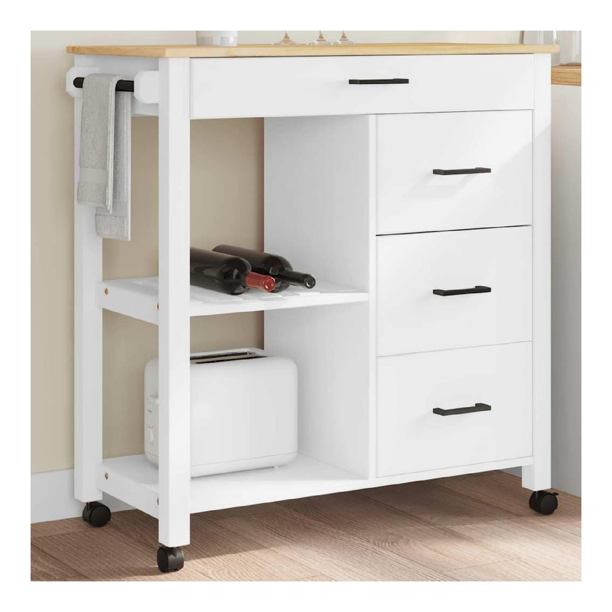 Kuchenwagen Monza 84x40x88,5 cm Massivholz Kiefer mit 4 Schubladen, Ablageflachen und Rollen, vielseitiger Servierwagen und Beistellwagen fur Kuche, Esszimmer und Stauraumorganisation