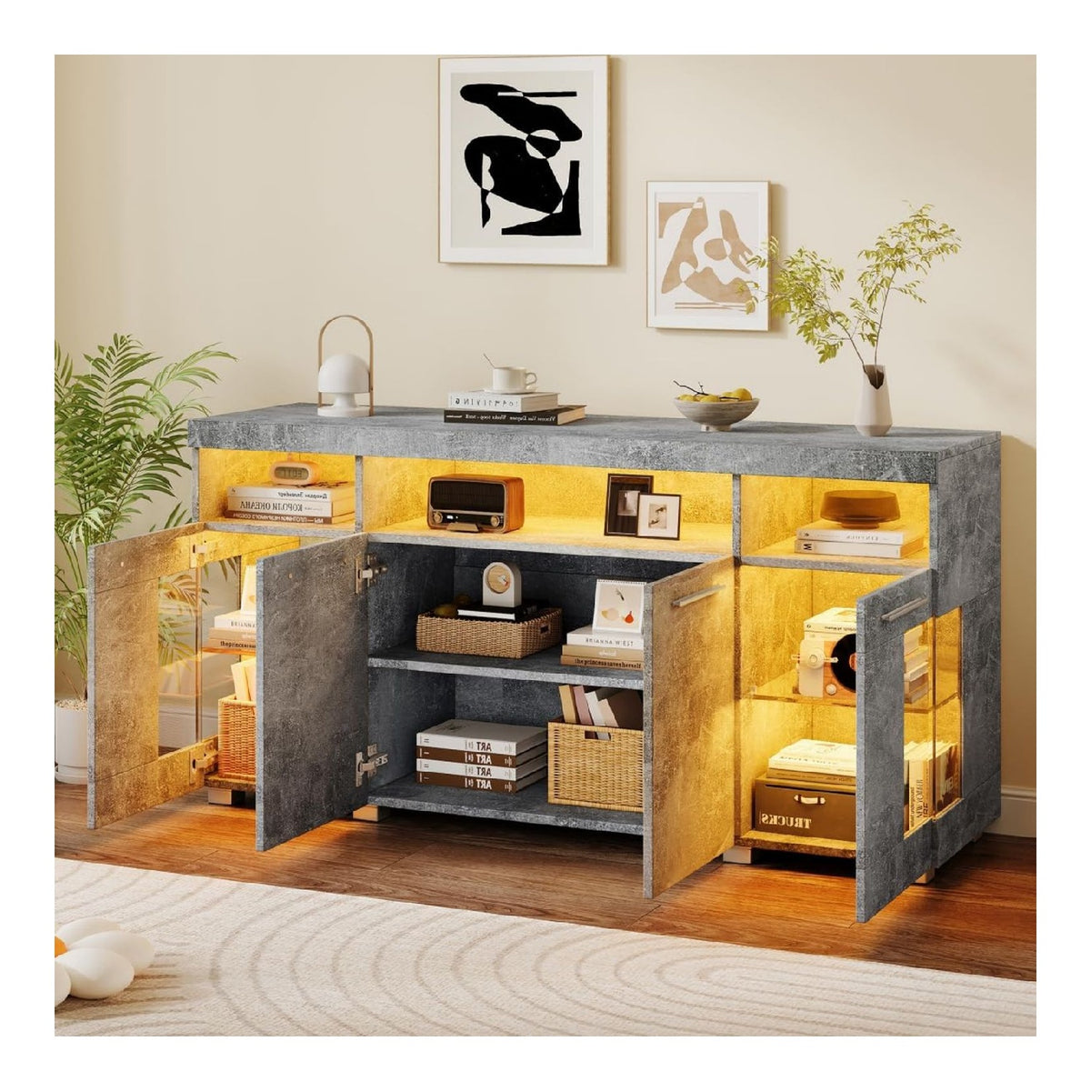 Sideboard 140x40x70cm Hochglanz Wei mit LED Beleuchtung