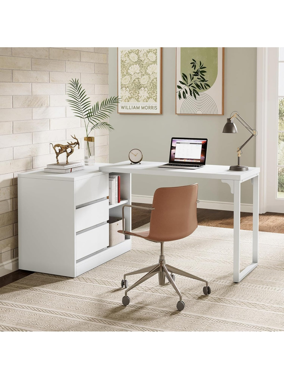 Wendbarer L Schreibtisch in Weiss mit Schubladen Regalen und integriertem Aufbewahrungsschrank fur Homeoffice