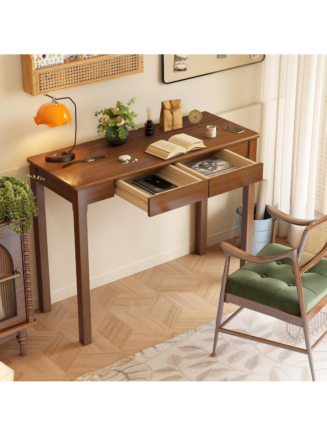 Kompakter Holzschreibtisch im Mid Century Stil 100 x 75 x 40 cm mit Schubladen in Nussbaumoptik